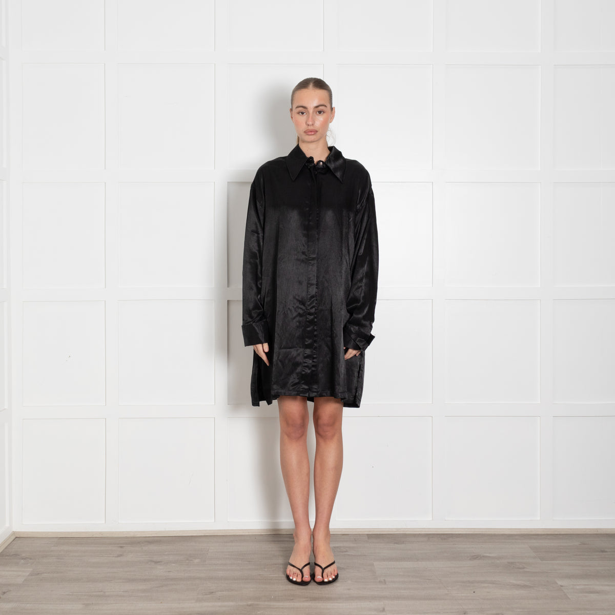 A Perfect Nomad Black  Cotton & Hemp 'Satin' Shirt Dress