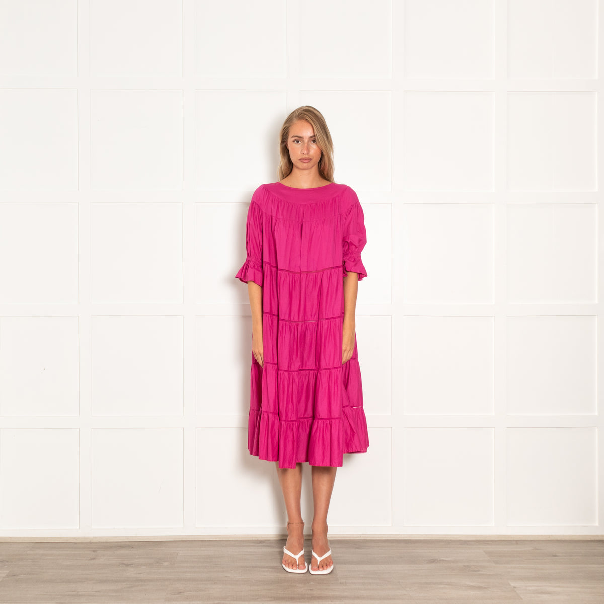 Merlette Fuscia Pink Tiered Midi Dress