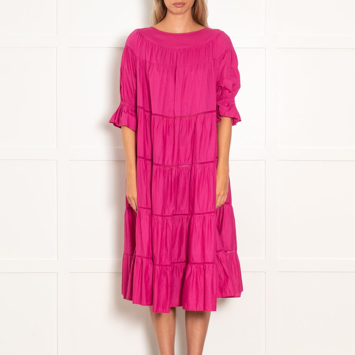 Merlette Fuscia Pink Tiered Midi Dress