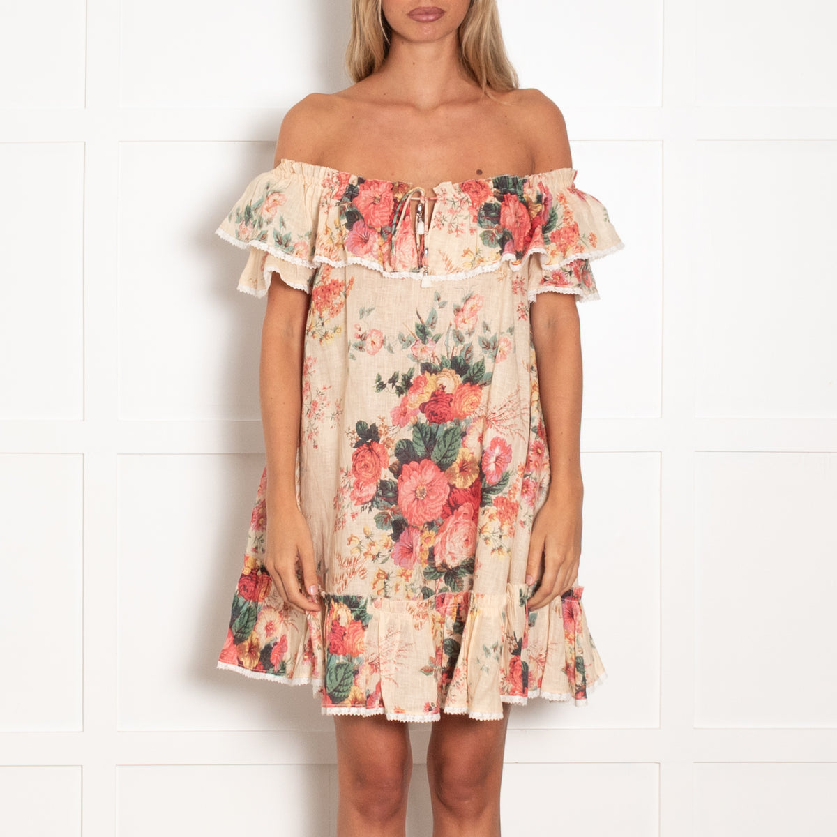 Zimmermann Beige Floral Print Frill Tiered Mini Dress With Front Tie And White Hems