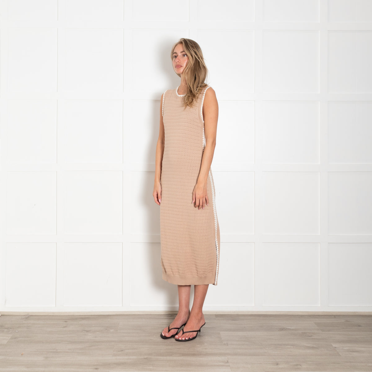 Varley Beige & White Dwight Tank Knit Dress With Side Splits
