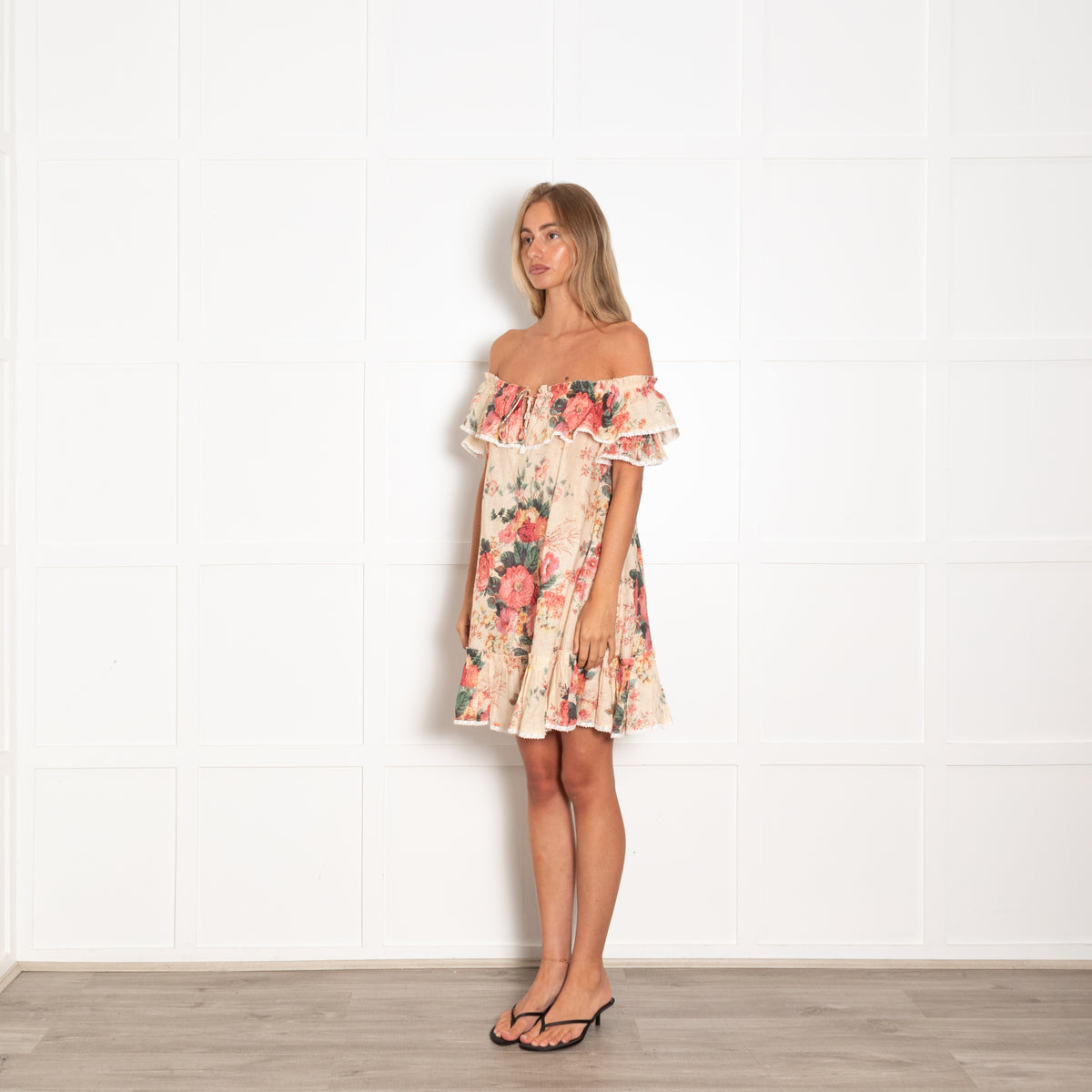 Zimmermann Beige Floral Print Frill Tiered Mini Dress With Front Tie And White Hems