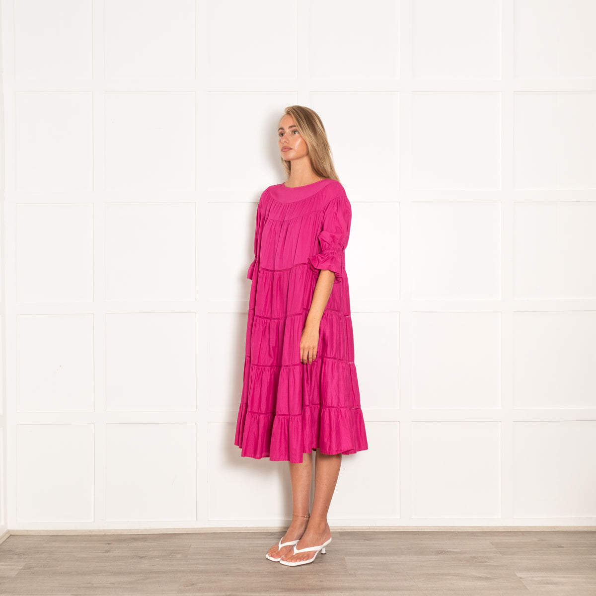 Merlette Fuscia Pink Tiered Midi Dress