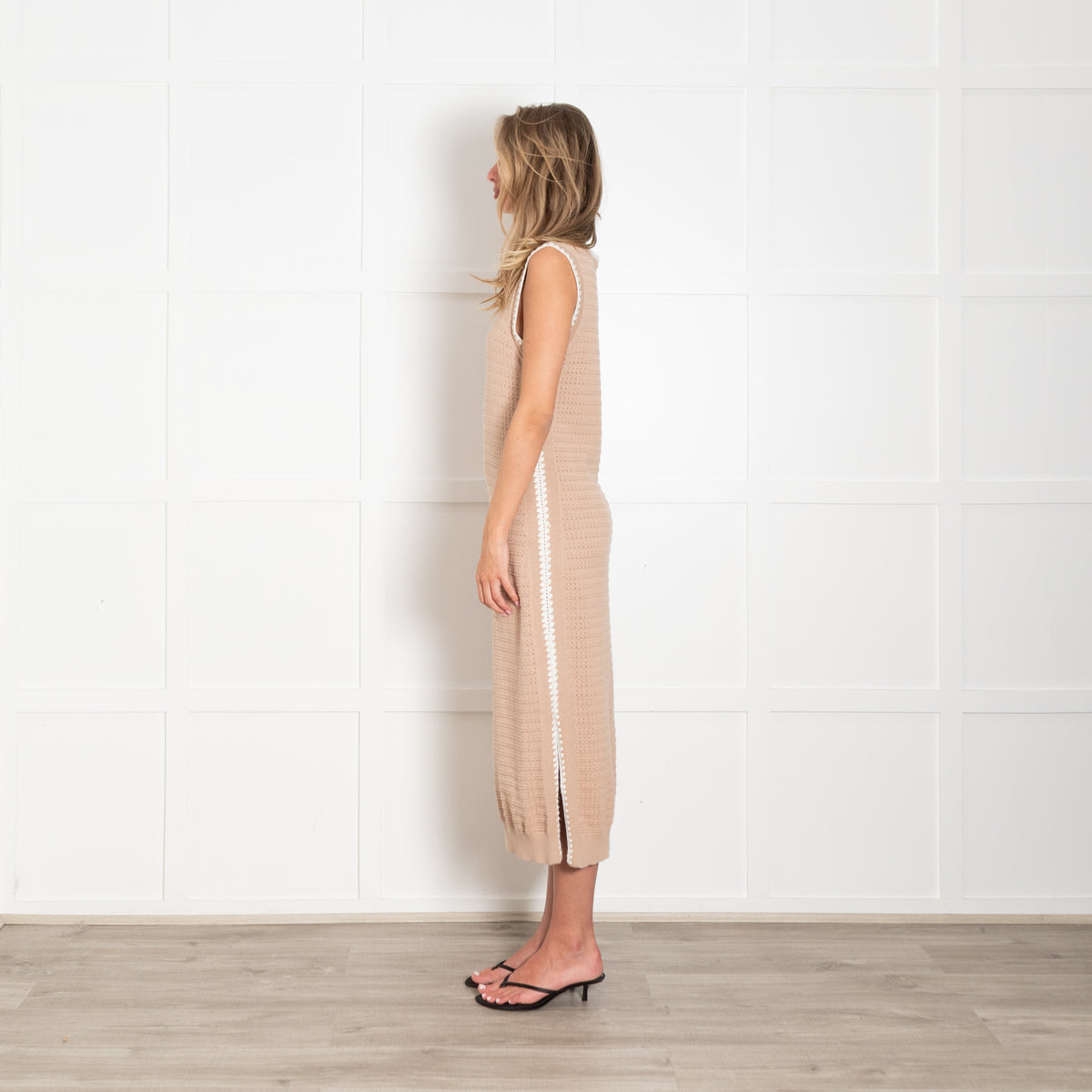 Varley Beige & White Dwight Tank Knit Dress With Side Splits
