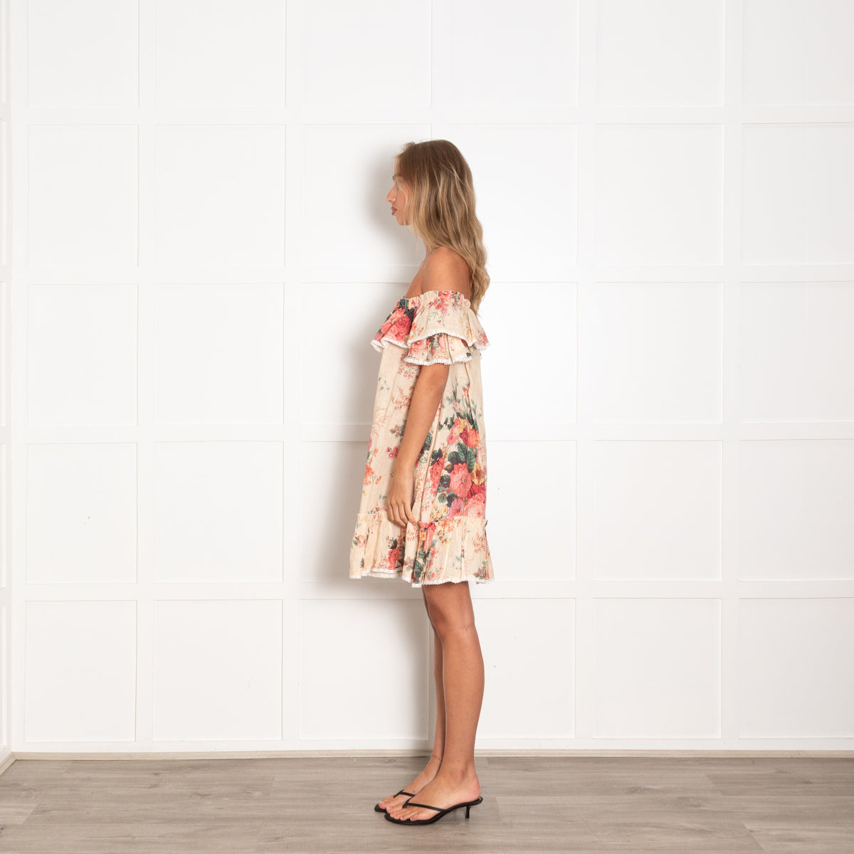 Zimmermann Beige Floral Print Frill Tiered Mini Dress With Front Tie And White Hems