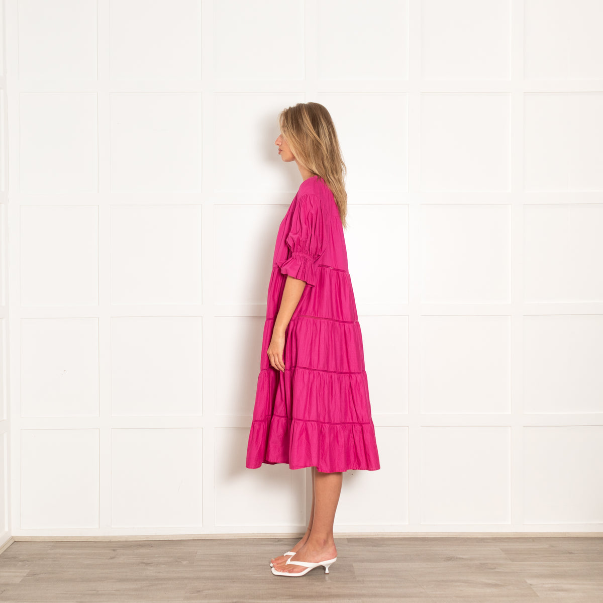 Merlette Fuscia Pink Tiered Midi Dress