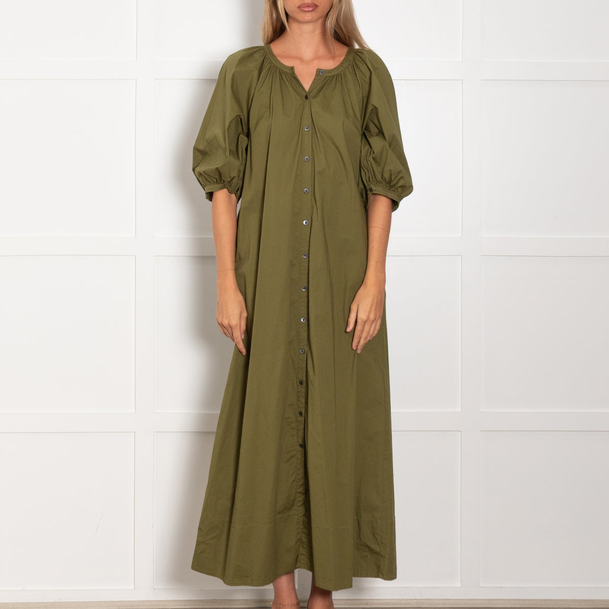 Staud Green Cotton Puff Sleeve Maxi Dress