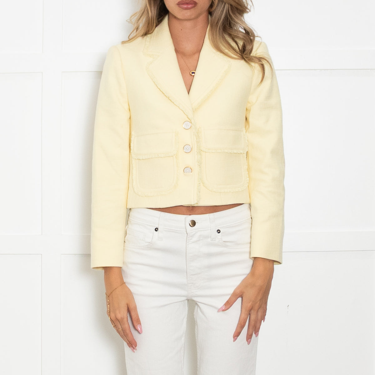 Me + Em Yellow Woven Short Jacket with Raw Hem