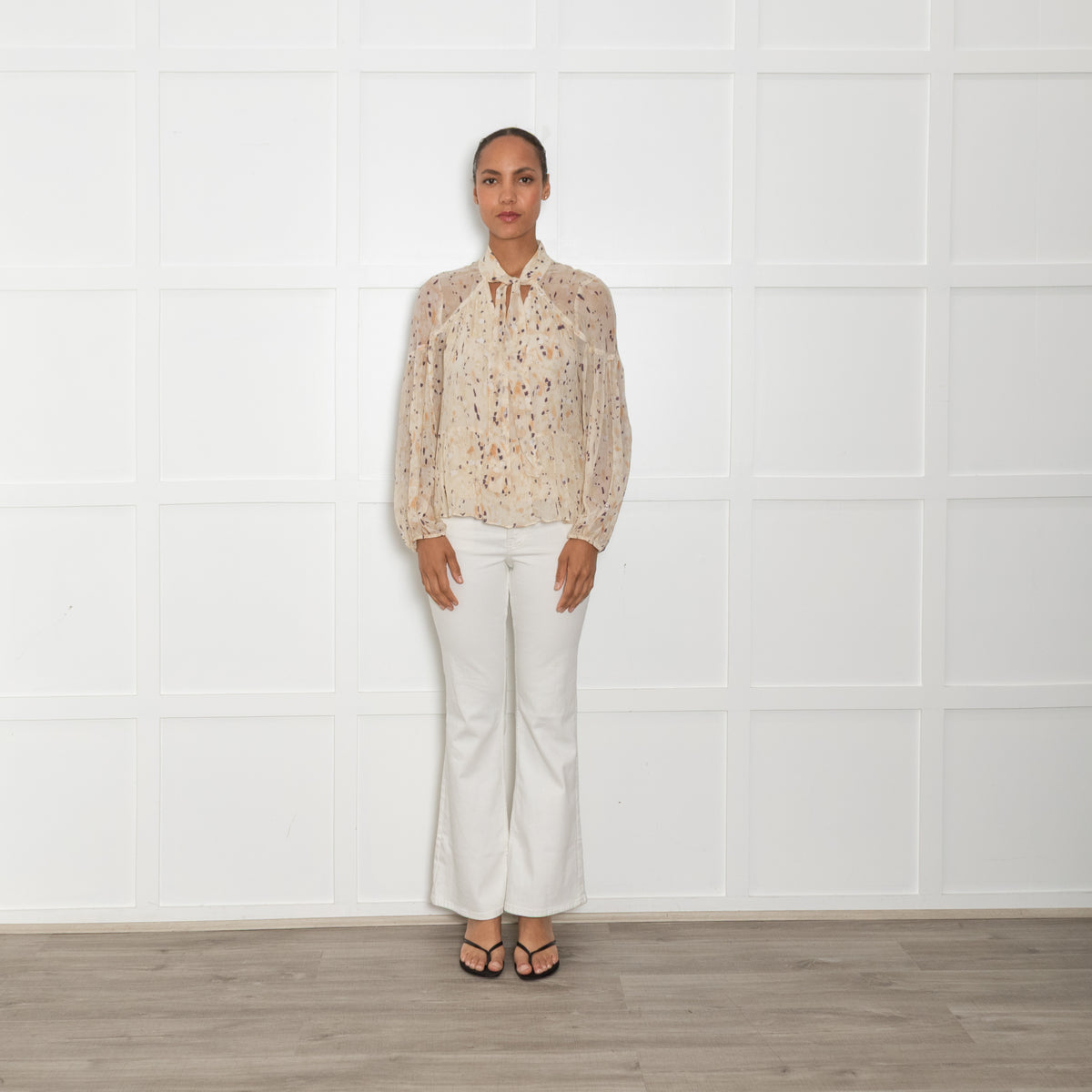 ba&sh Beige & Purple Patterned Peplum Top With Neck Tie