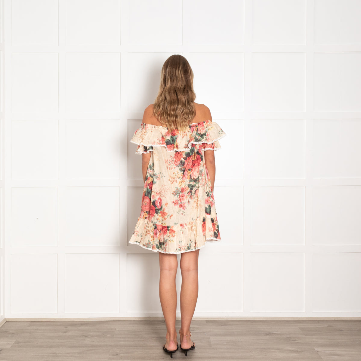 Zimmermann Beige Floral Print Frill Tiered Mini Dress With Front Tie And White Hems