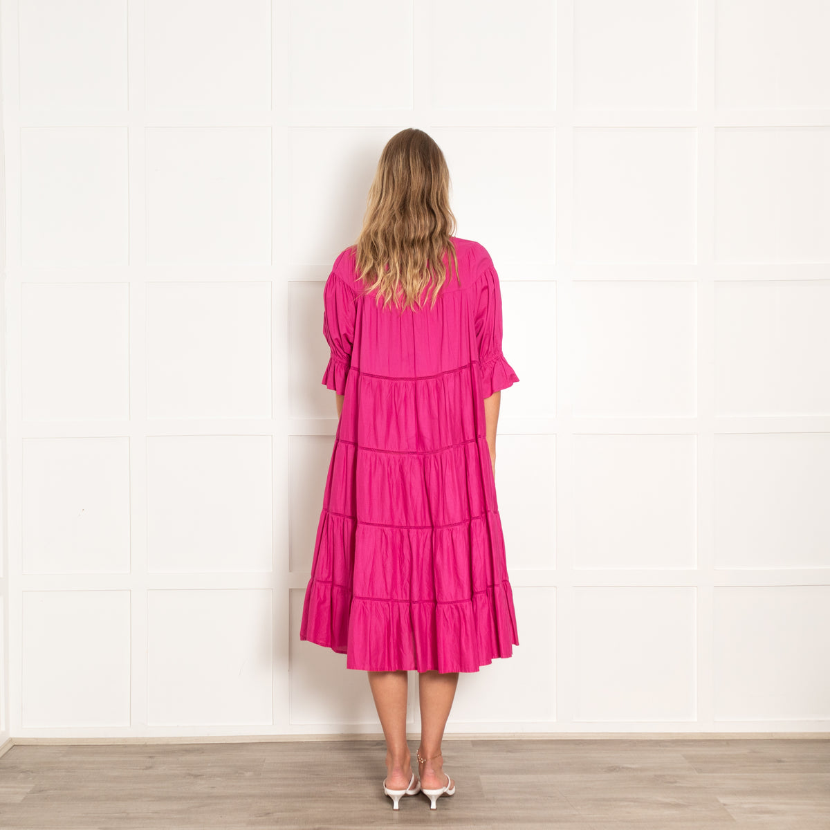 Merlette Fuscia Pink Tiered Midi Dress