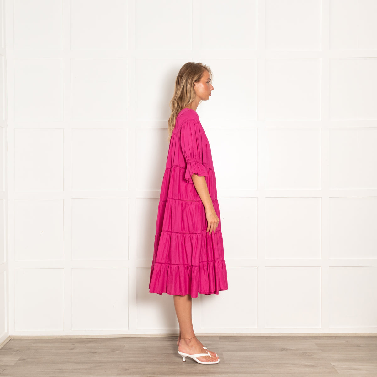Merlette Fuscia Pink Tiered Midi Dress