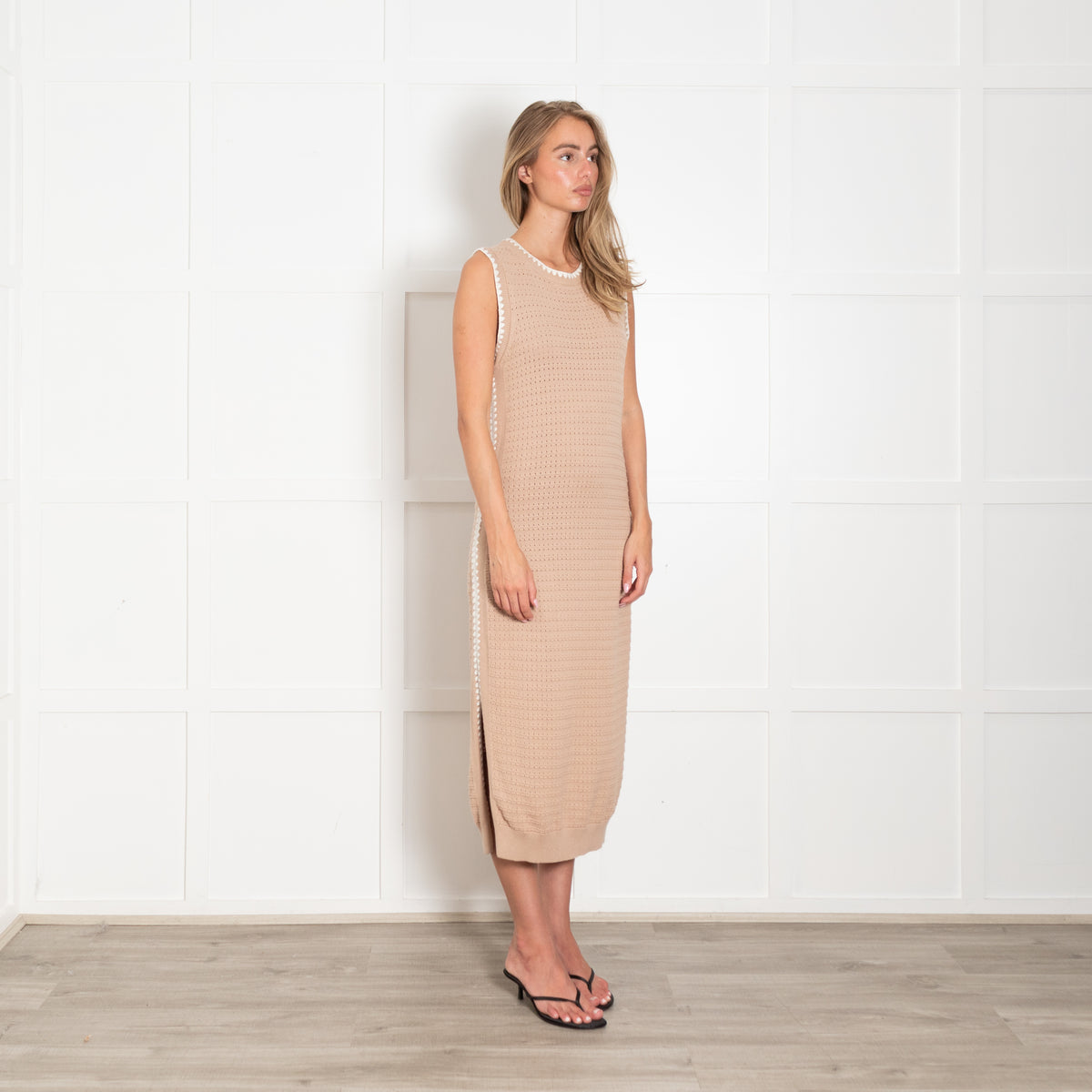 Varley Beige & White Dwight Tank Knit Dress With Side Splits