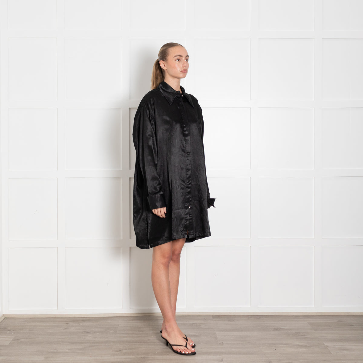 A Perfect Nomad Black  Cotton & Hemp 'Satin' Shirt Dress