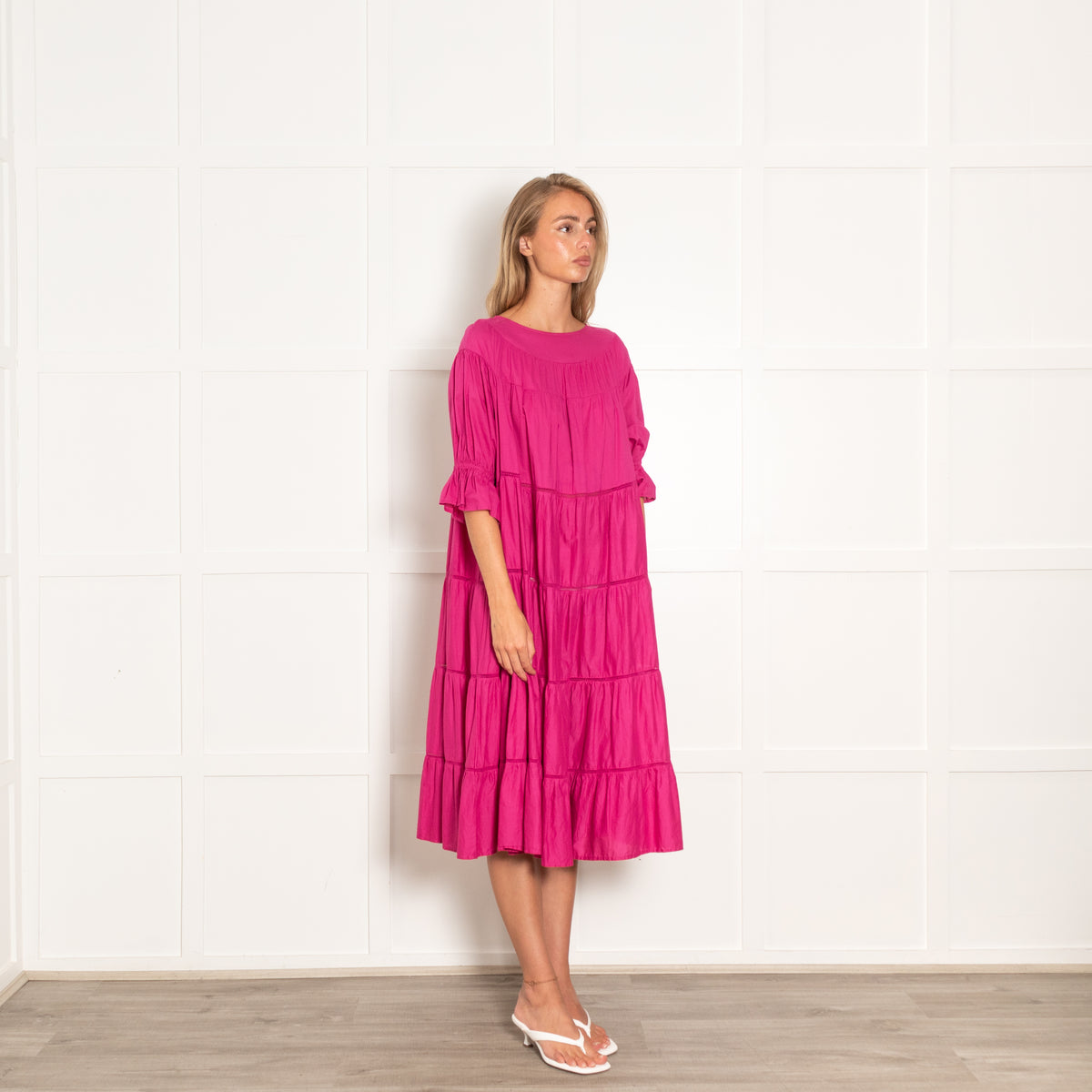 Merlette Fuscia Pink Tiered Midi Dress