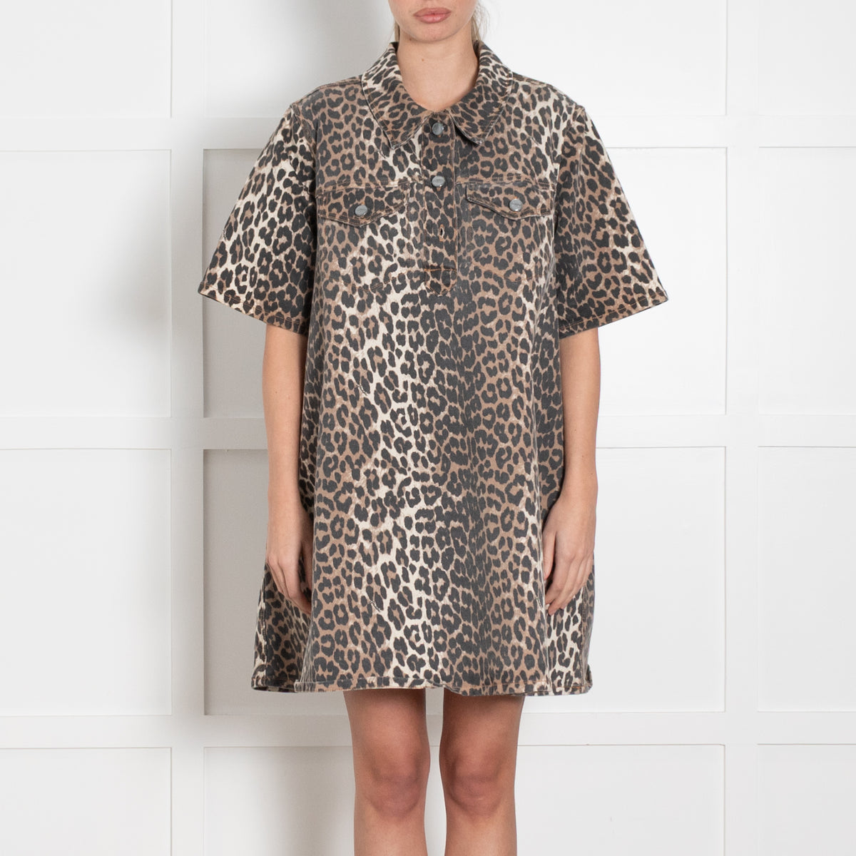 Ganni Animal Print Short Cotton Mix Dress
