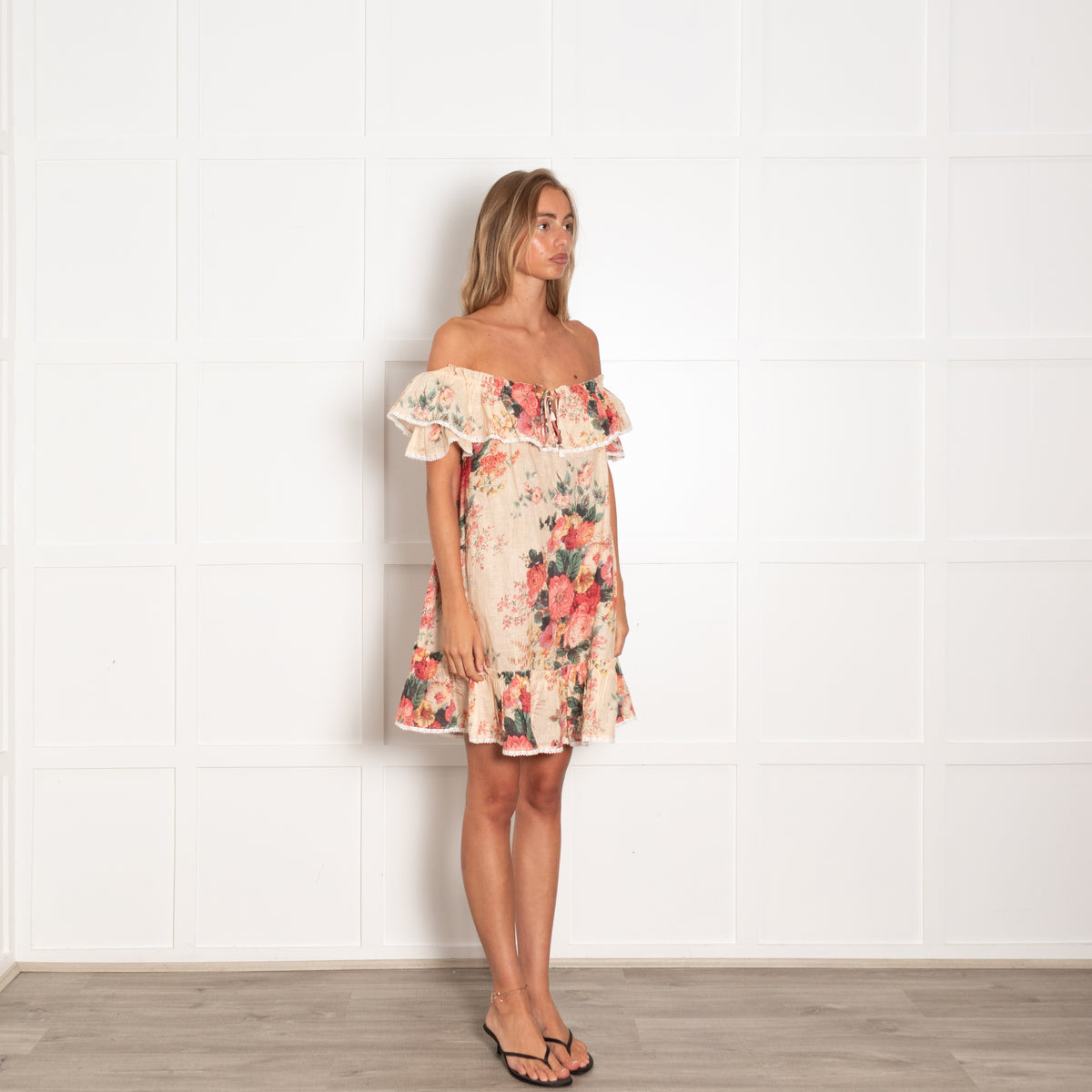 Zimmermann Beige Floral Print Frill Tiered Mini Dress With Front Tie And White Hems