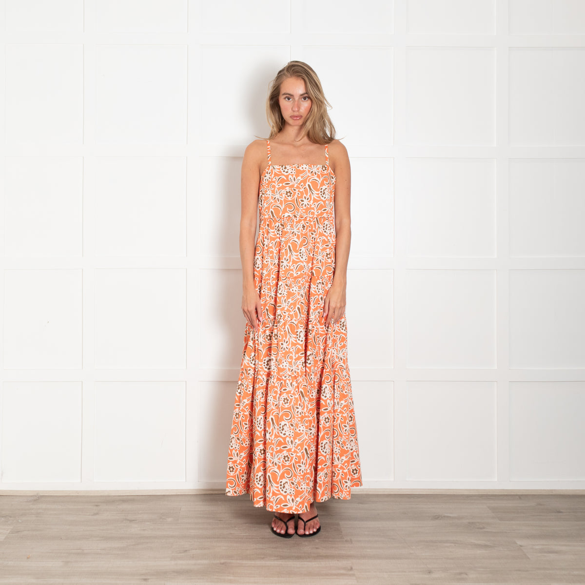 Me + Em Orange, Brown & White Floral Maxi Tiered Strappy Dress