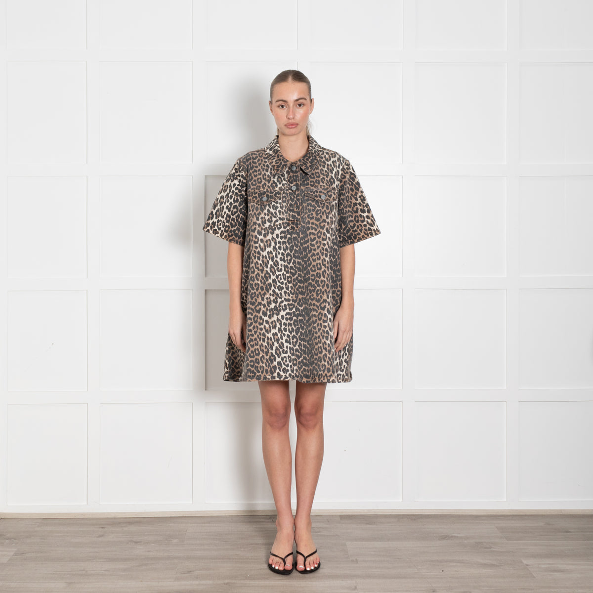 Ganni Animal Print Short Cotton Mix Dress