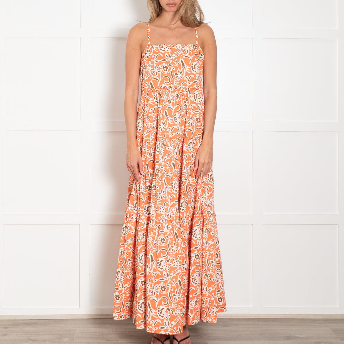Me + Em Orange, Brown & White Floral Maxi Tiered Strappy Dress