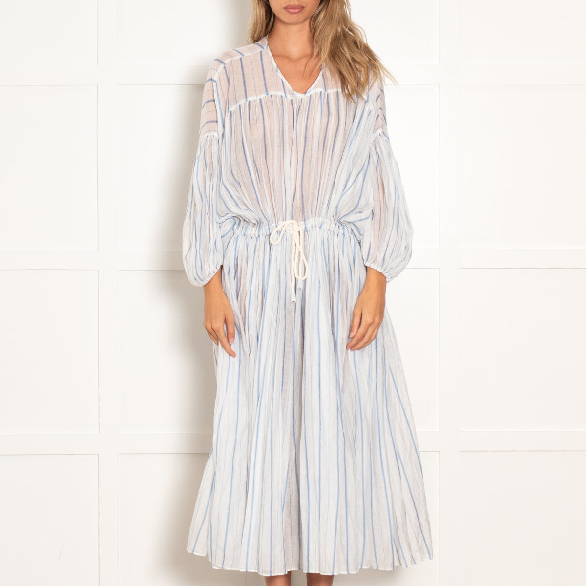 Love Benetti Blue White Striped Sheer Drawstring Waist Cotton Maxi Dress
