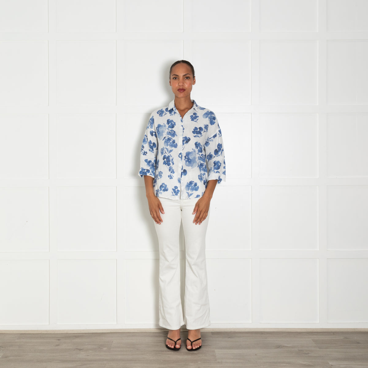 Escales White Blue Floral Linen Shirt