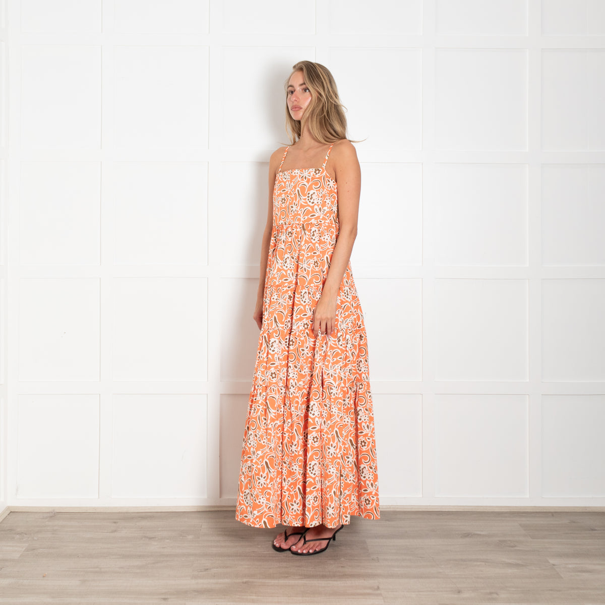 Me + Em Orange, Brown & White Floral Maxi Tiered Strappy Dress