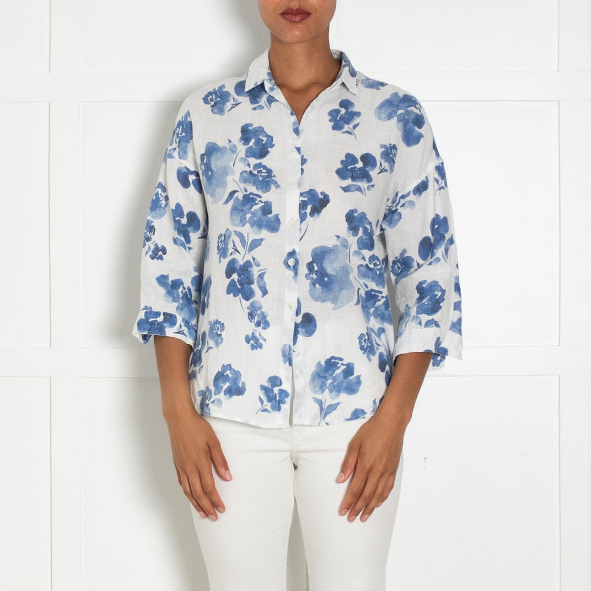 Escales White Blue Floral Linen Shirt