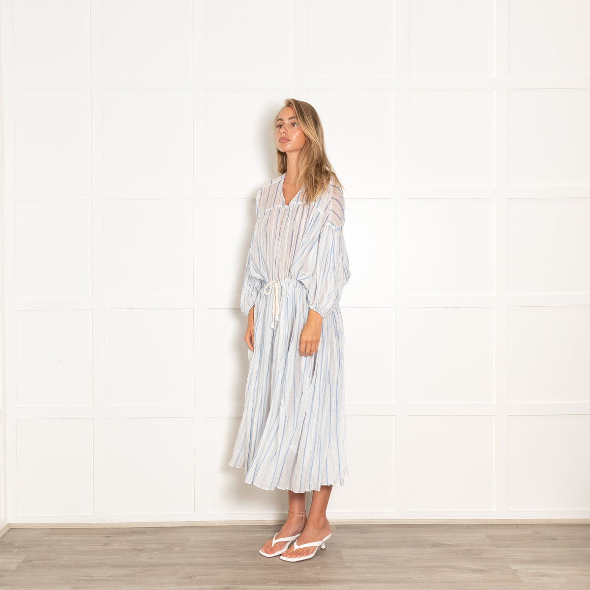 Love Benetti Blue White Striped Sheer Drawstring Waist Cotton Maxi Dress