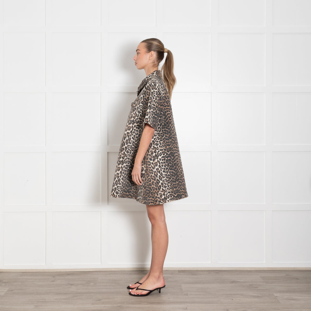 Ganni Animal Print Short Cotton Mix Dress