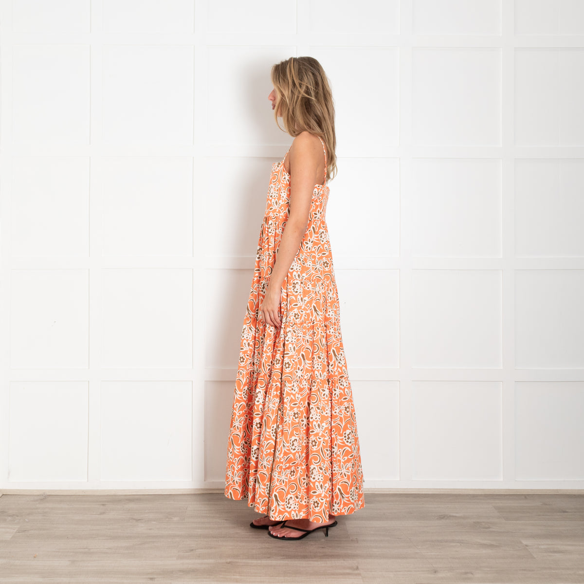 Me + Em Orange, Brown & White Floral Maxi Tiered Strappy Dress