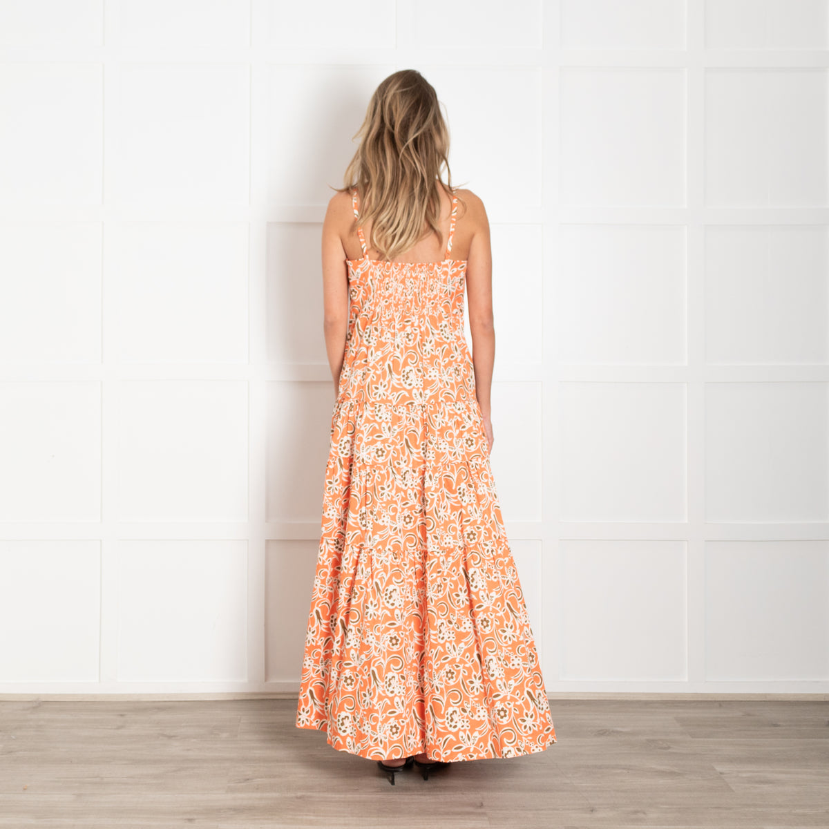 Me + Em Orange, Brown & White Floral Maxi Tiered Strappy Dress