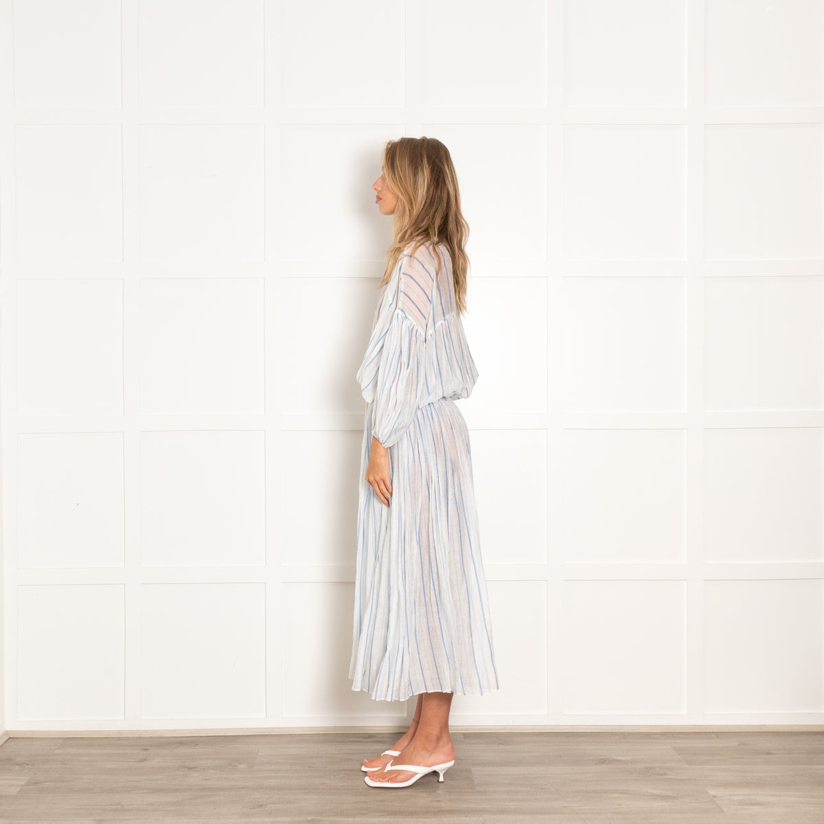 Love Benetti Blue White Striped Sheer Drawstring Waist Cotton Maxi Dress