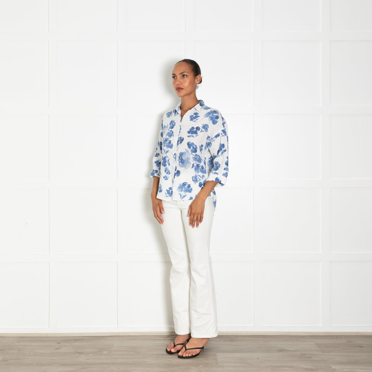 Escales White Blue Floral Linen Shirt