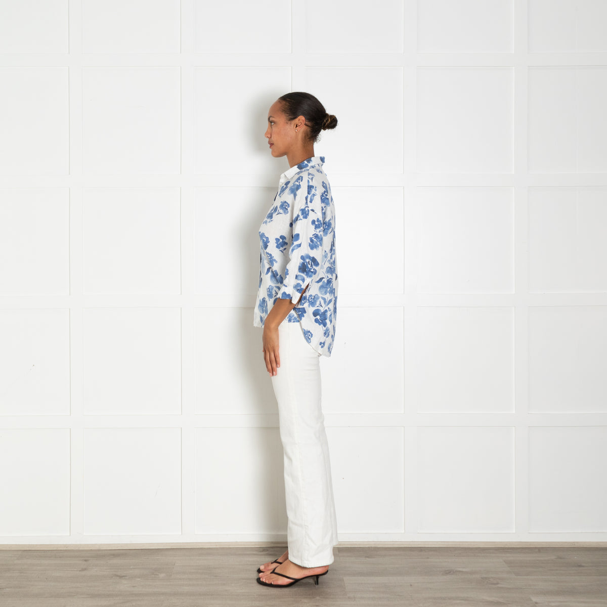 Escales White Blue Floral Linen Shirt