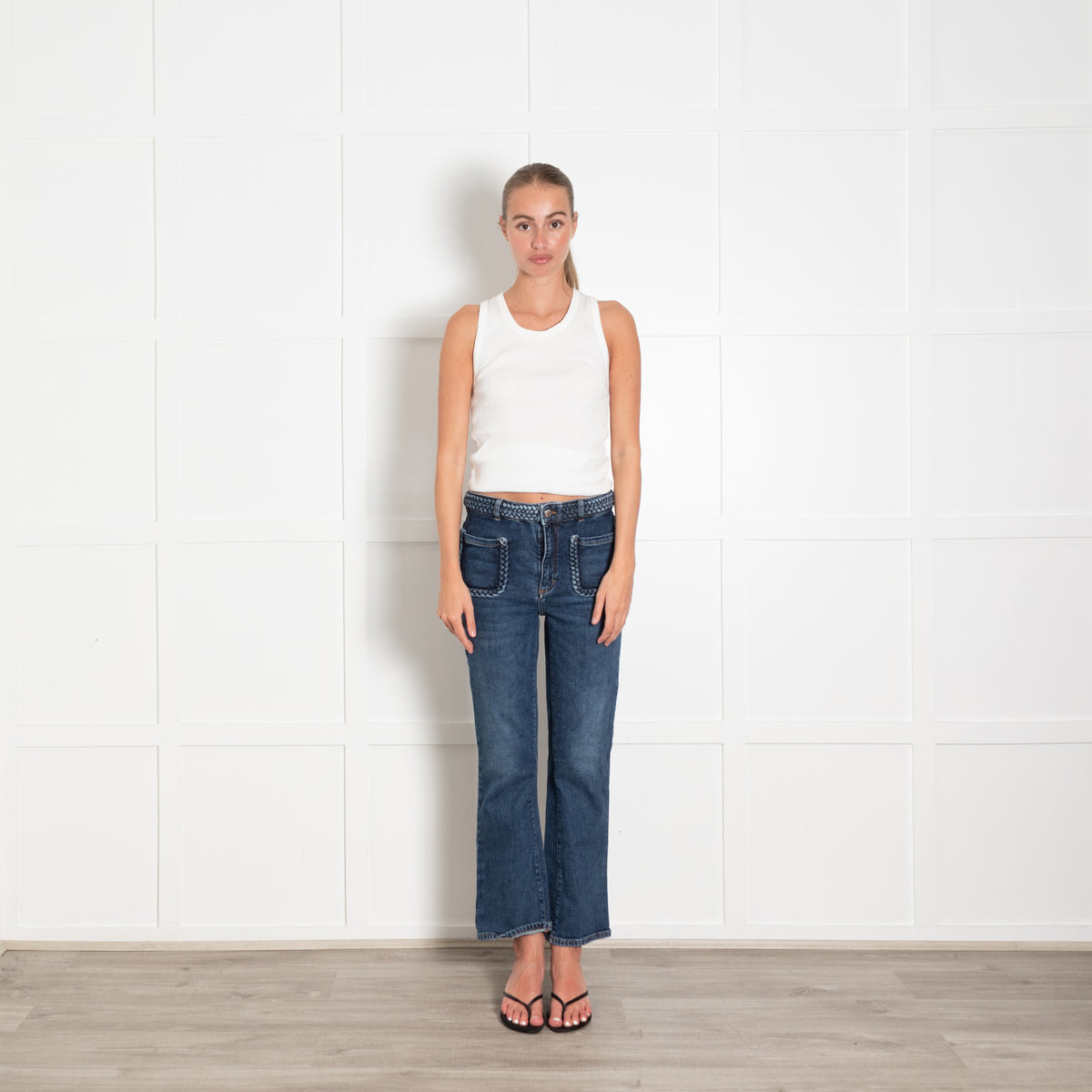 Maje Blue Denim Braided Waist Straight Jeans