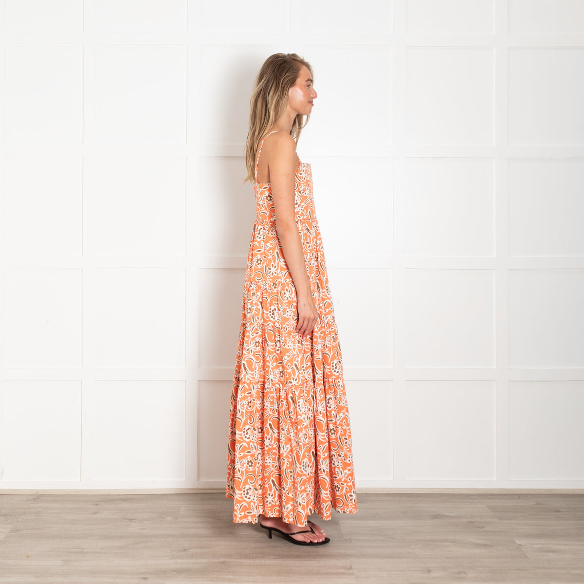 Me + Em Orange, Brown & White Floral Maxi Tiered Strappy Dress