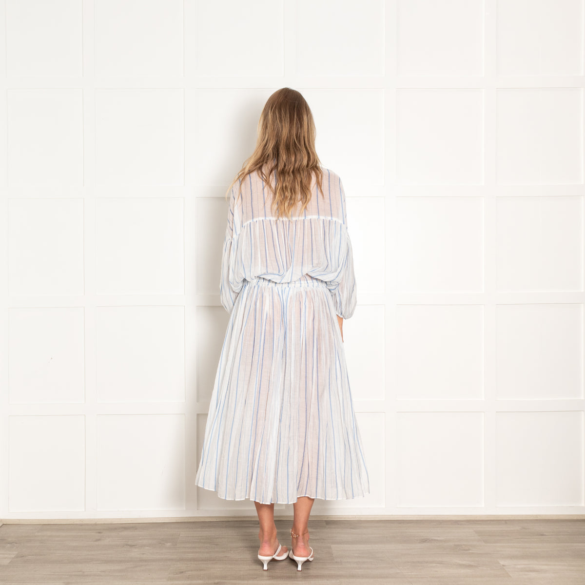 Love Benetti Blue White Striped Sheer Drawstring Waist Cotton Maxi Dress