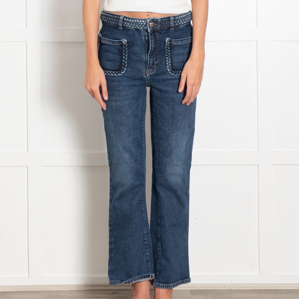 Maje Blue Denim Braided Waist Straight Jeans