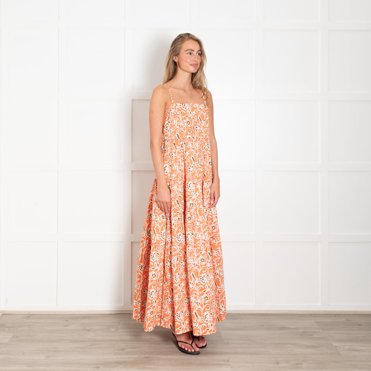 Me + Em Orange, Brown & White Floral Maxi Tiered Strappy Dress