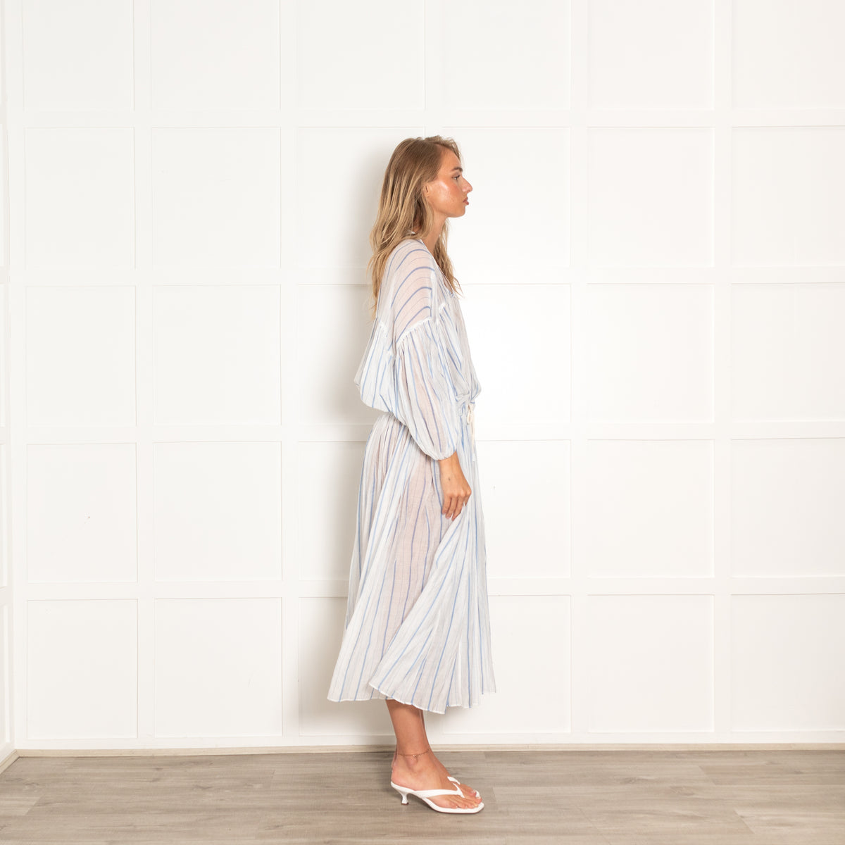 Love Benetti Blue White Striped Sheer Drawstring Waist Cotton Maxi Dress