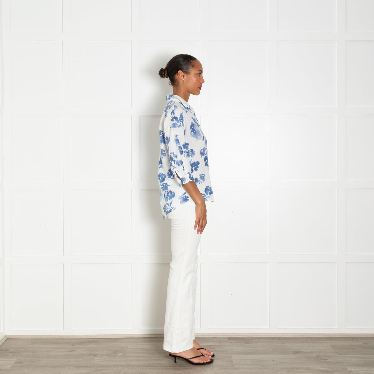 Escales White Blue Floral Linen Shirt