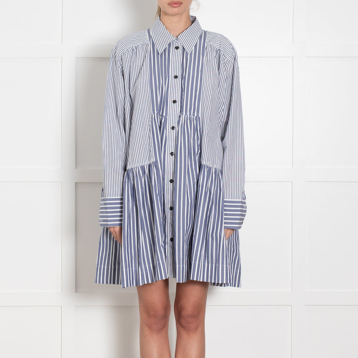 Ganni Blue & White Striped Short Dress With Long Sleeves
