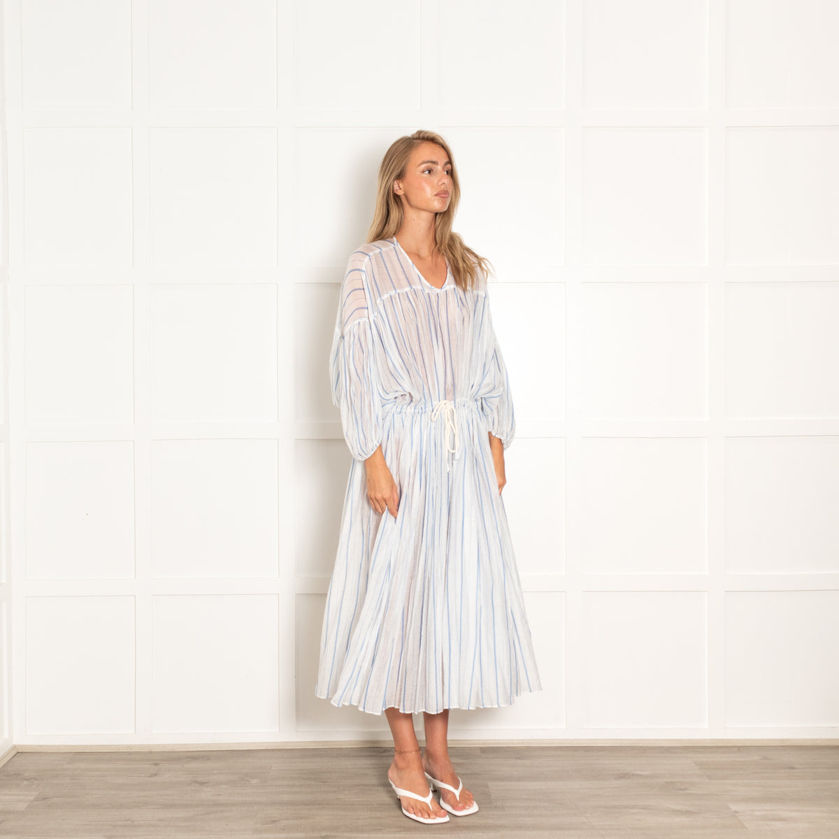 Love Benetti Blue White Striped Sheer Drawstring Waist Cotton Maxi Dress
