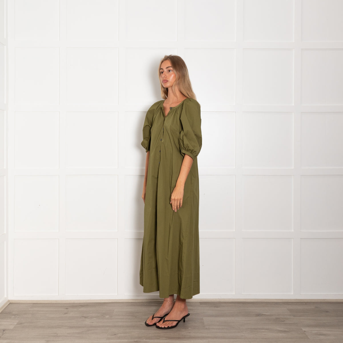 Staud Green Cotton Puff Sleeve Maxi Dress