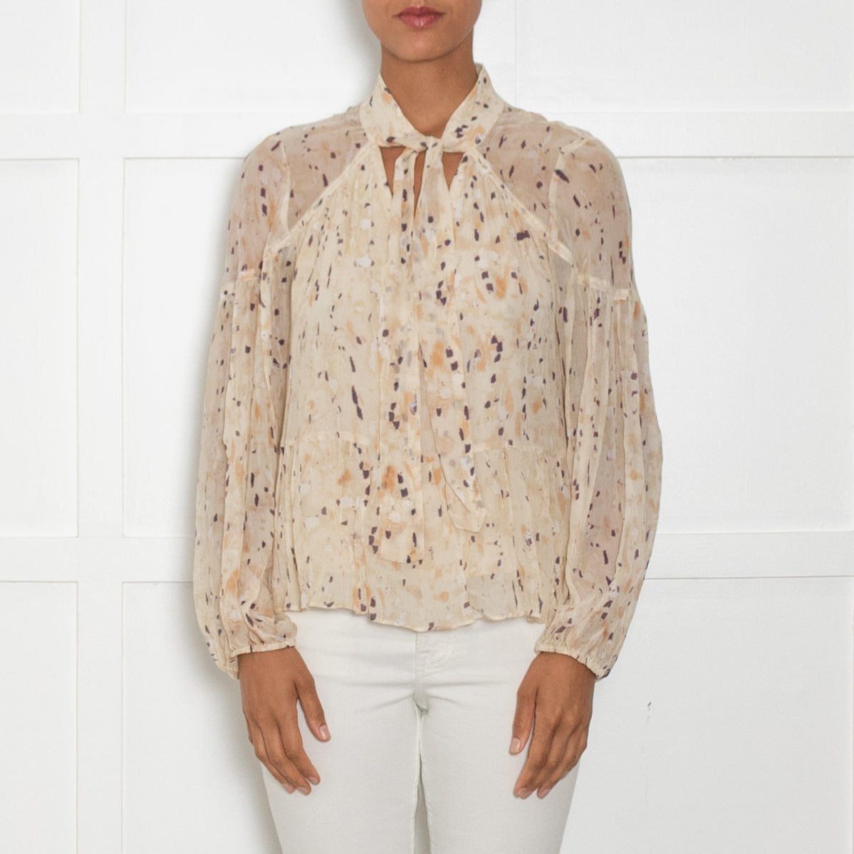 ba&sh Beige & Purple Patterned Peplum Top With Neck Tie