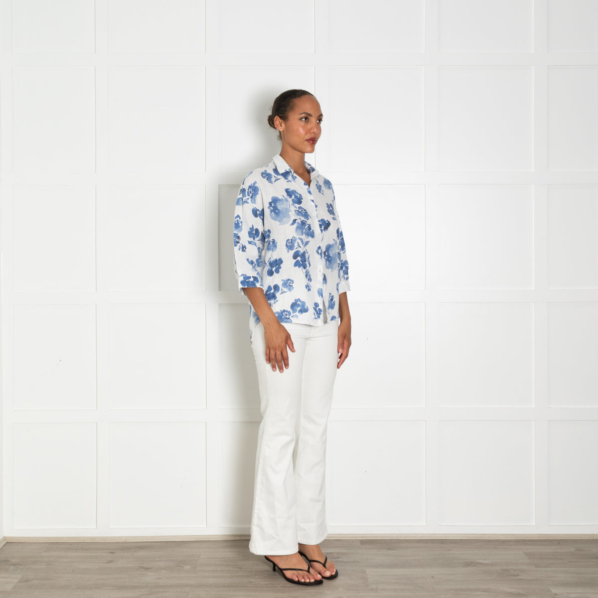 Escales White Blue Floral Linen Shirt