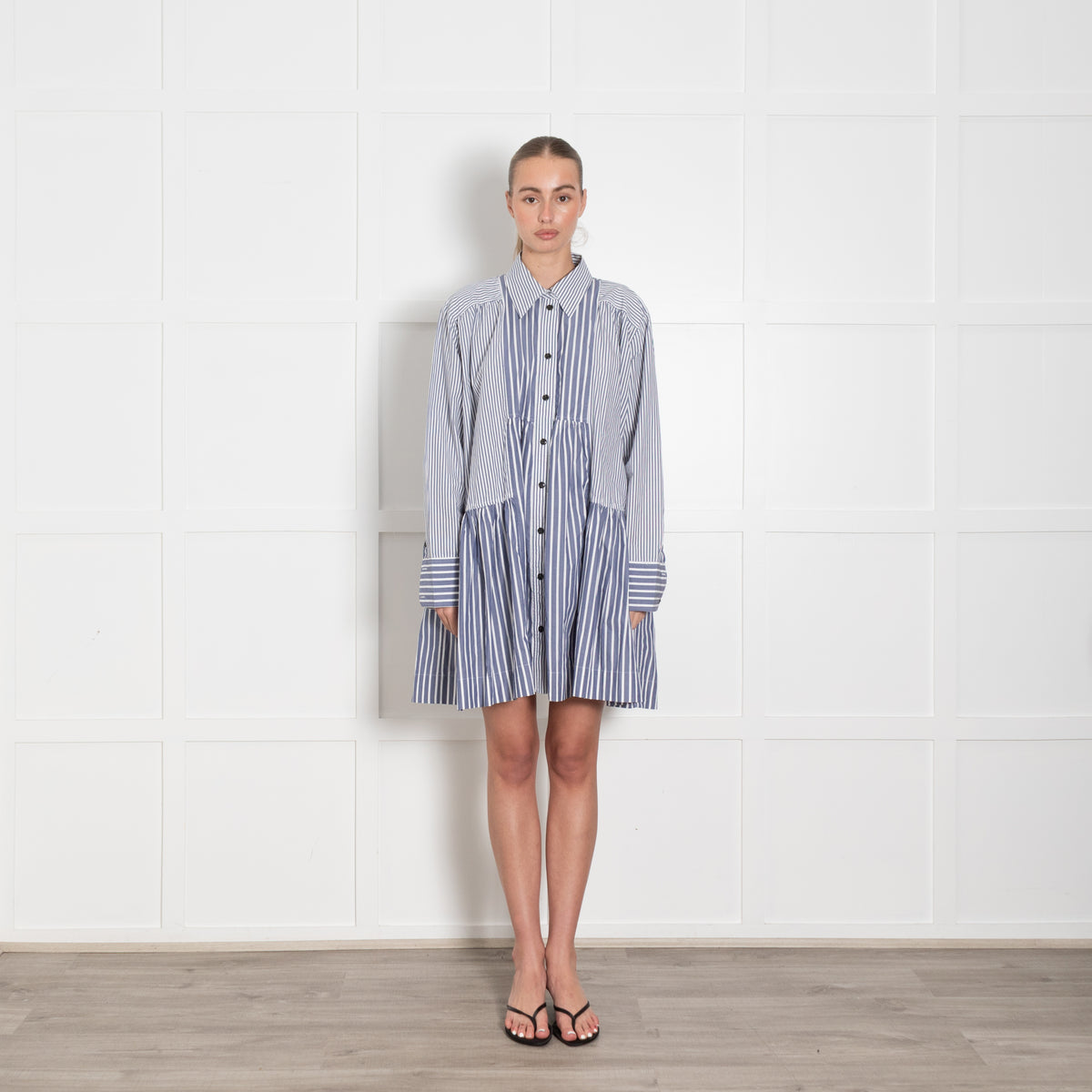 Ganni Blue & White Striped Short Dress With Long Sleeves