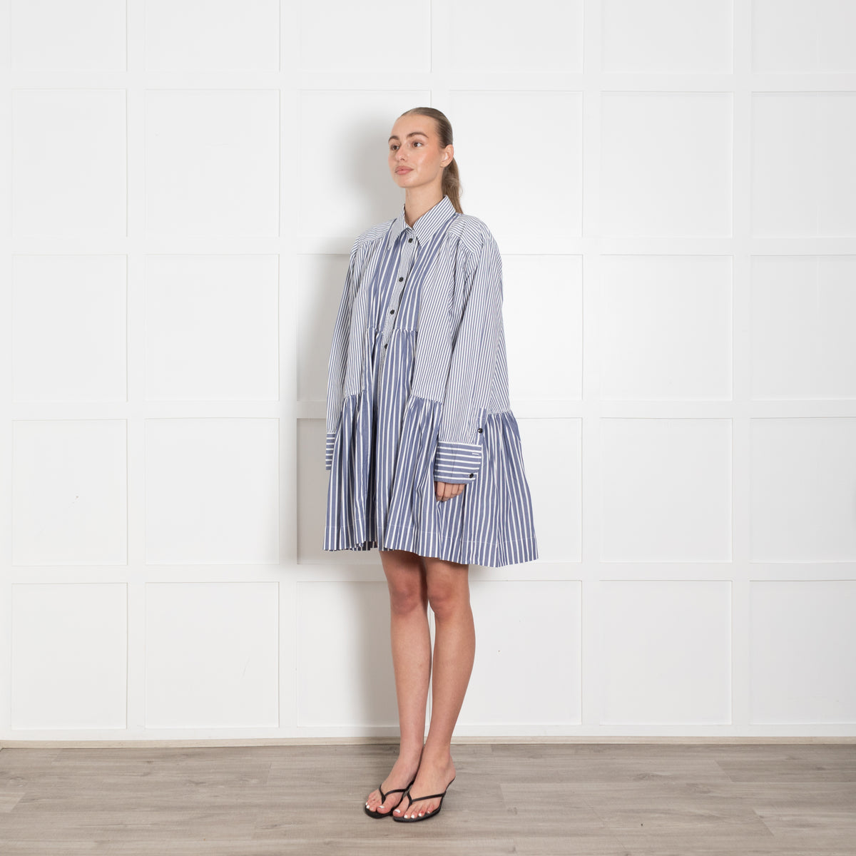 Ganni Blue & White Striped Short Dress With Long Sleeves