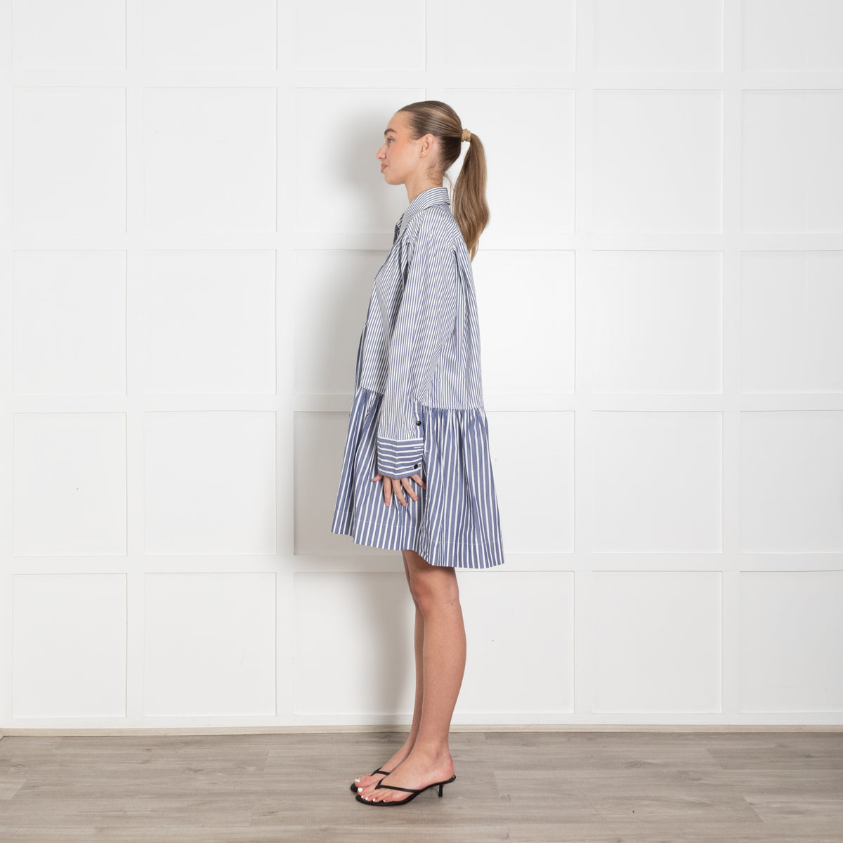 Ganni Blue & White Striped Short Dress With Long Sleeves